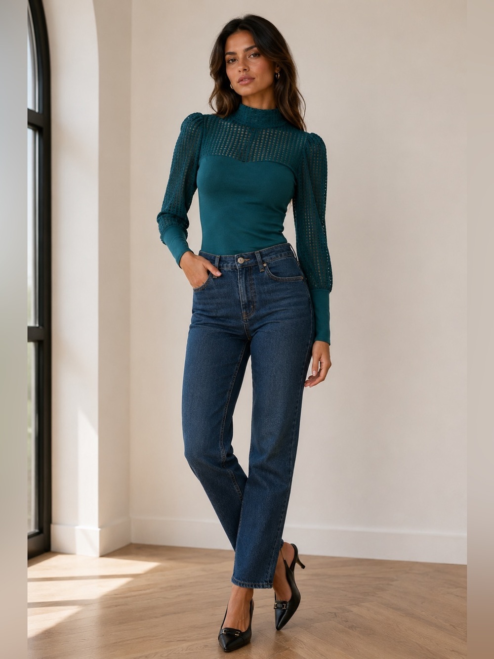 Maeve Anthropologie Mutton-Sleeve Mock-Neck Slim Top in Dark Green, Size M, NWT